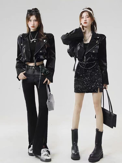 Hot girl waist-baring leather jacket PA20165