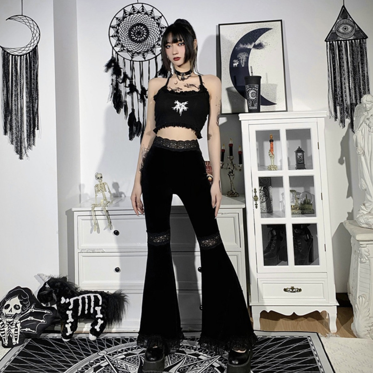 Dark lace high-waist flared pants PA20167