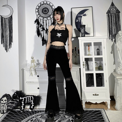 Dark lace high-waist flared pants PA20167