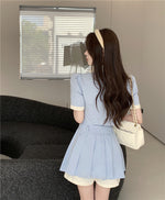 Blue short shirt top + high waist pleated skirt two-piece set PL53504