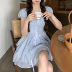 Blue Puff Sleeve Tie Princess Dress PL53366