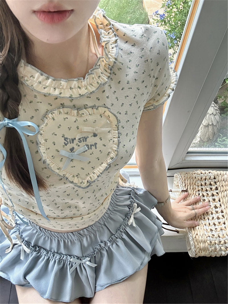 Love short-sleeved T-shirt + bowknot blue cake skirt PL53377