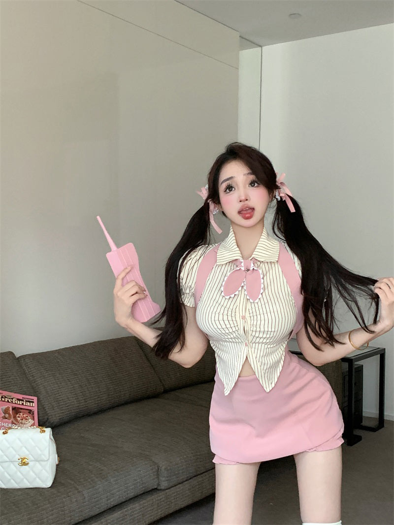 Striped short-sleeved shirt top + high-waist pink suspender skirt PL53424