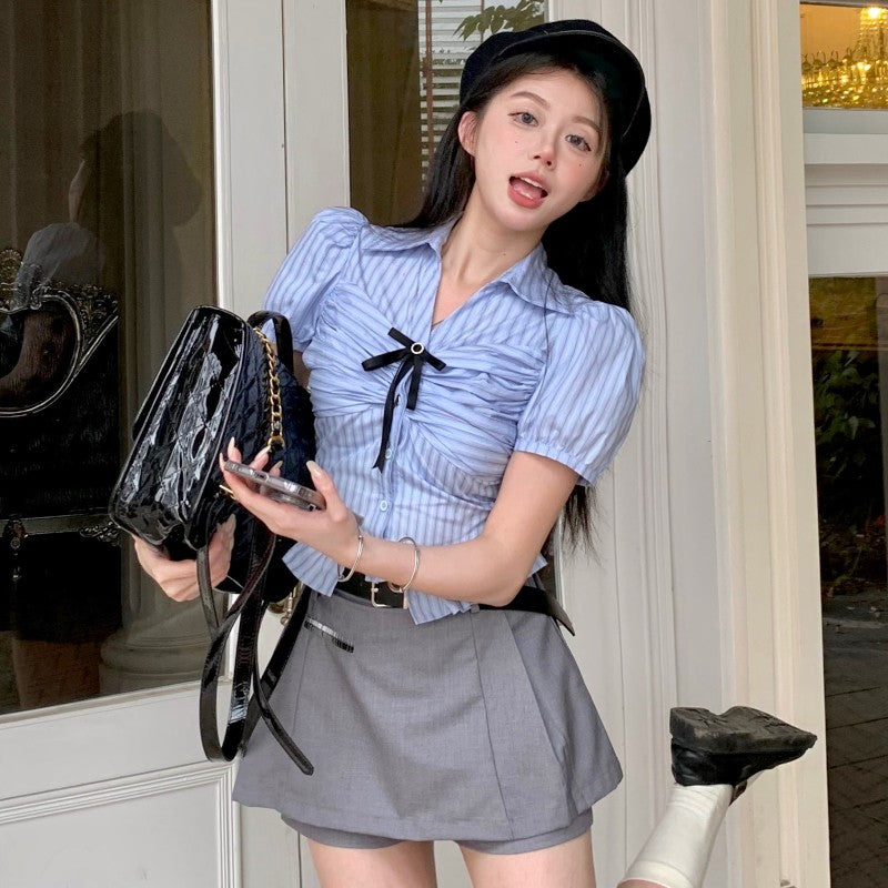 Blue Short Sleeve Striped Shirt+Grey Skirt PL53436