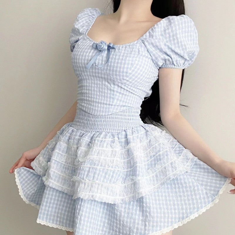 Blue plaid top + high waist tutu skirt two-piece set PL53517