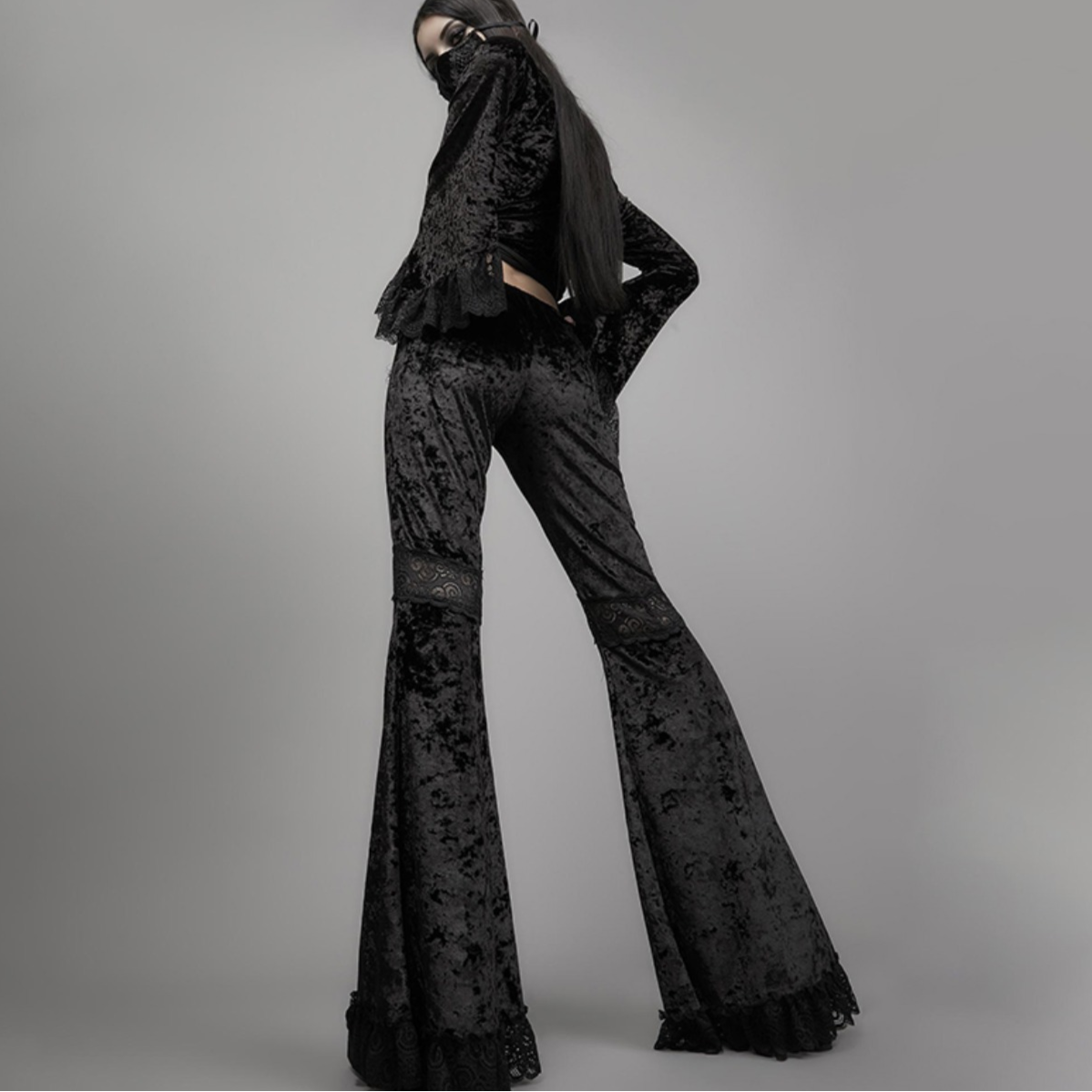 Dark lace high-waist flared pants PA20167