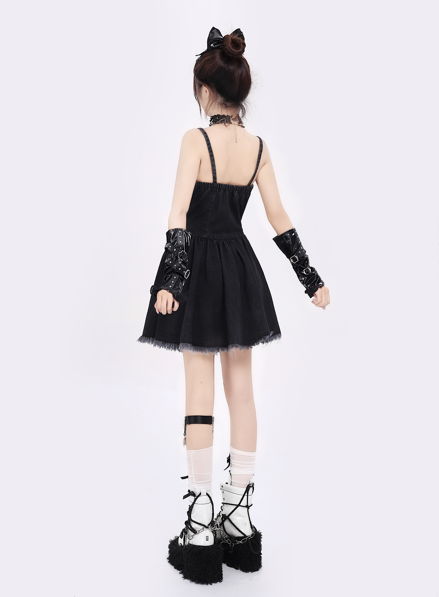 Retro denim tie waist girl dress PA20142