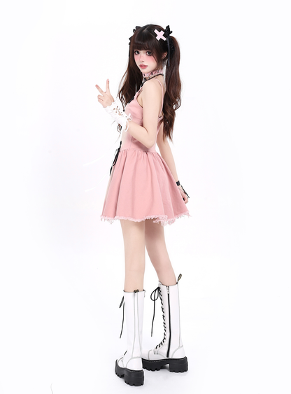 Retro denim tie waist girl dress PA20142