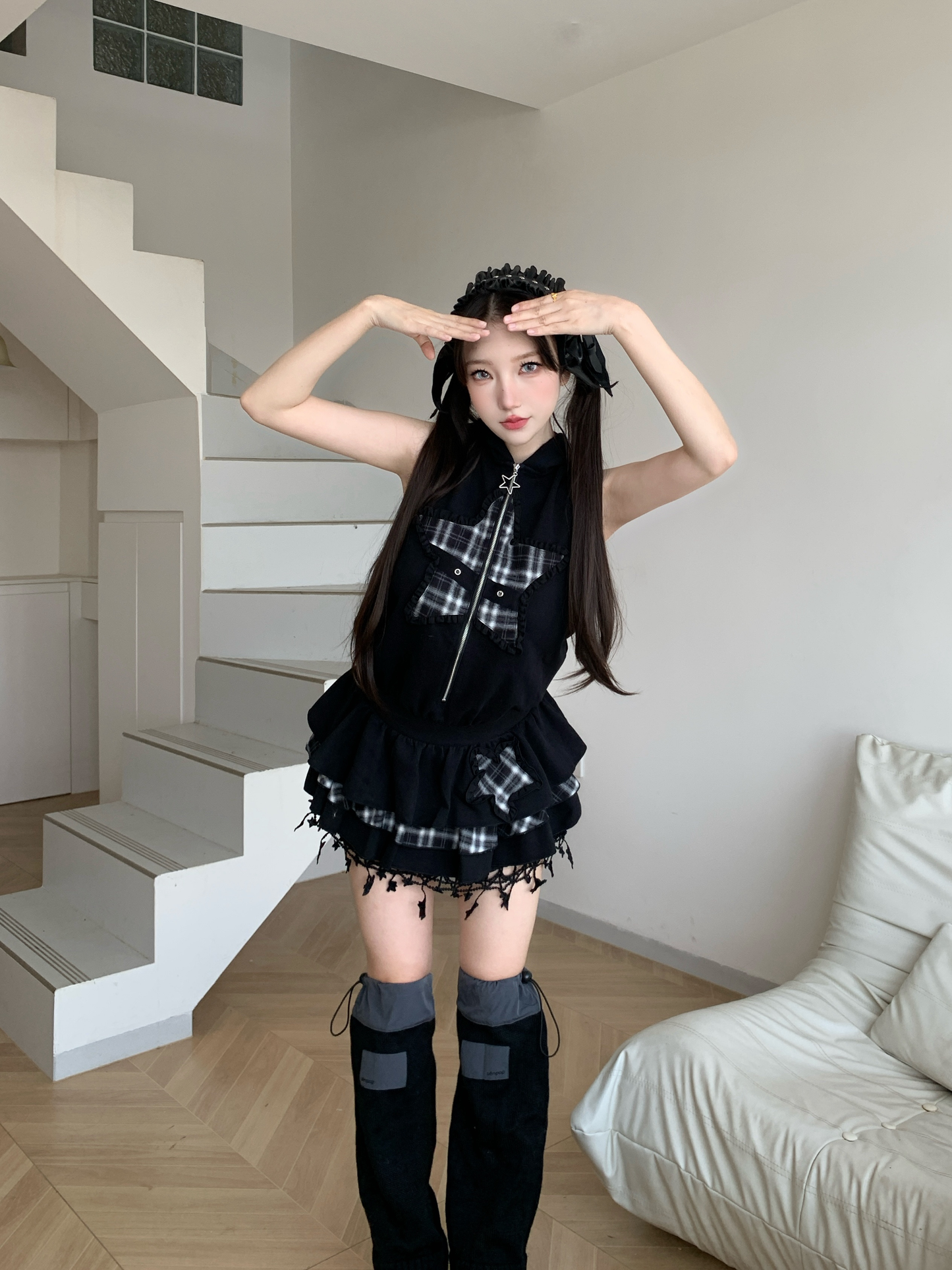 Star Check Hoodie Dress PA20143