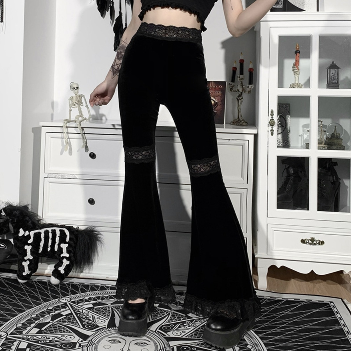 Dark lace high-waist flared pants PA20167
