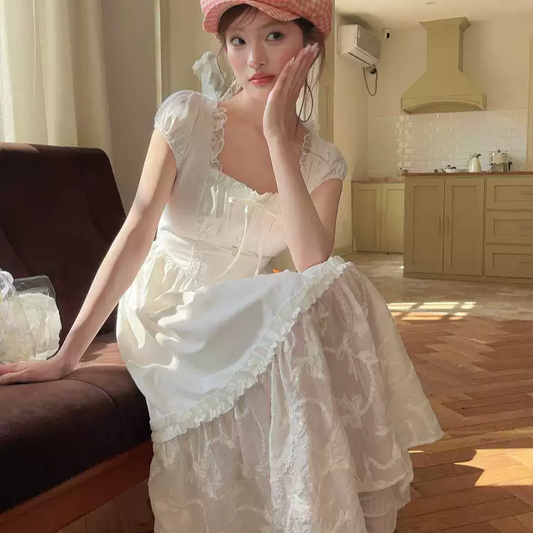 Temperament lace patchwork white dress PA20221