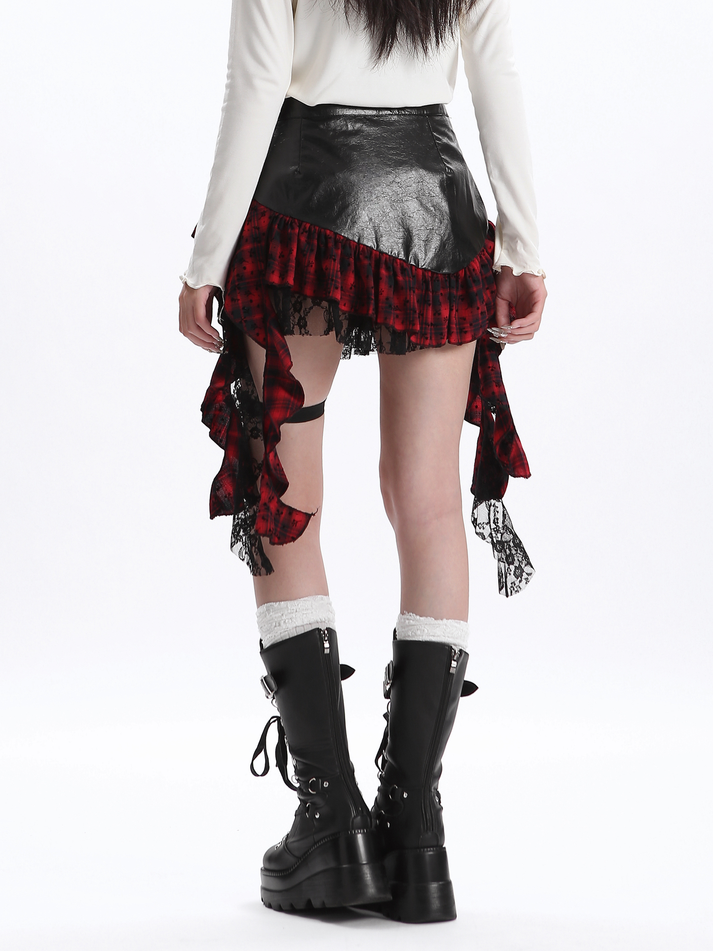 Ruffled plaid PU leather tassel skirt PA20276