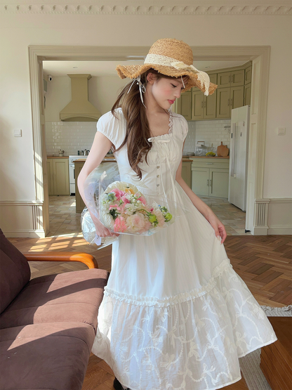 Temperament lace patchwork white dress PA20221