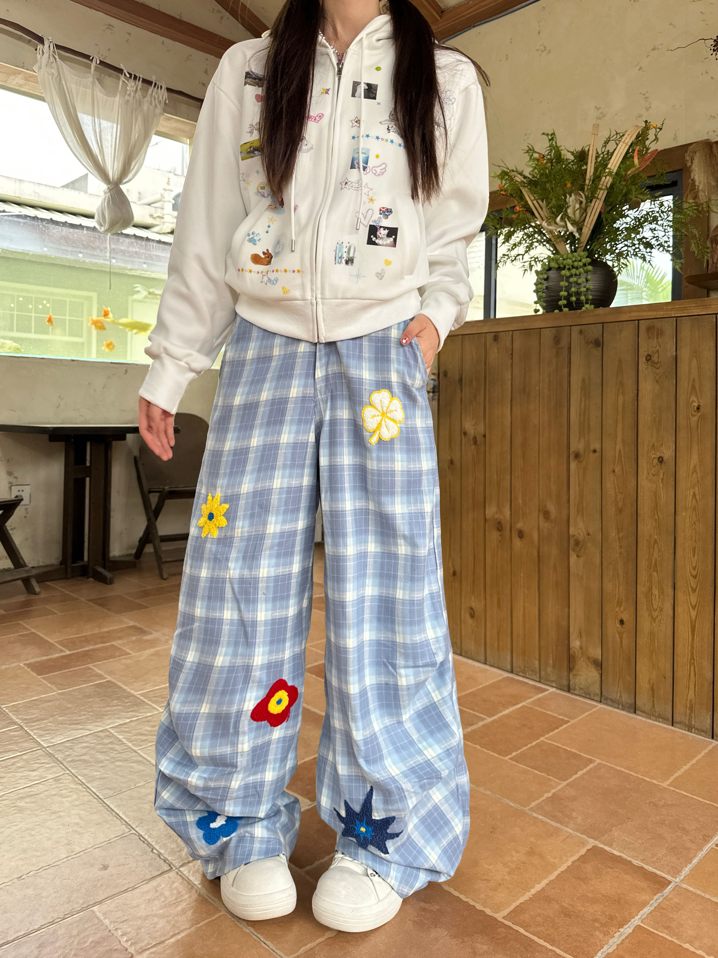 Floral Blue Check Pleated Trousers PA20256