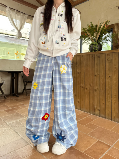 Floral Blue Check Pleated Trousers PA20256