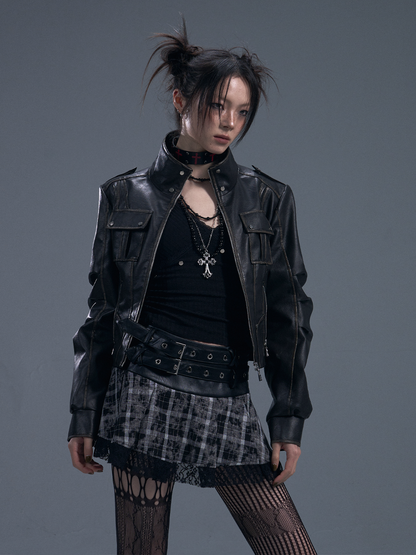 Retro punk motorcycle leather jacket PA20176