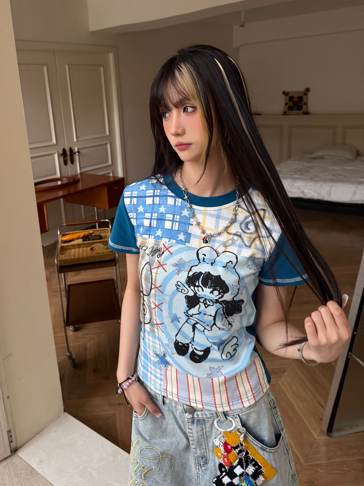 Cartoon print colorblock Y2K T-shirt PA20261