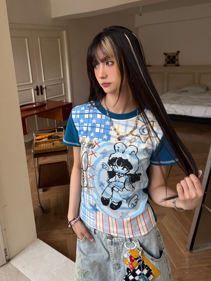 Cartoon print colorblock Y2K T-shirt PA20261