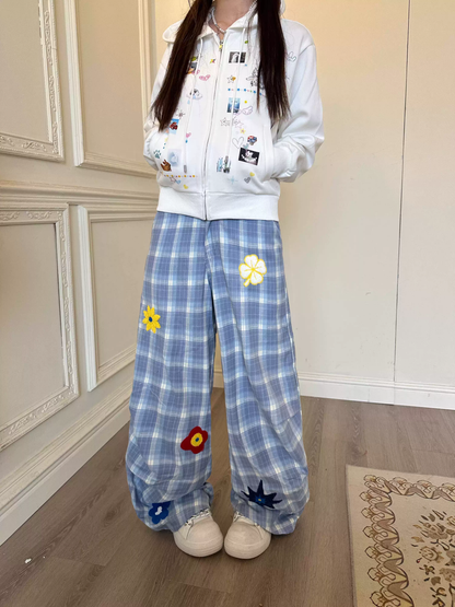 Floral Blue Check Pleated Trousers PA20256