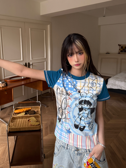 Cartoon print colorblock Y2K T-shirt PA20261