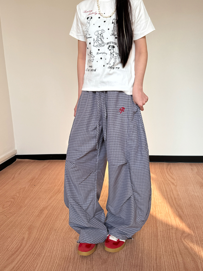 Check embroidered pleated paratrooper pants PA20257