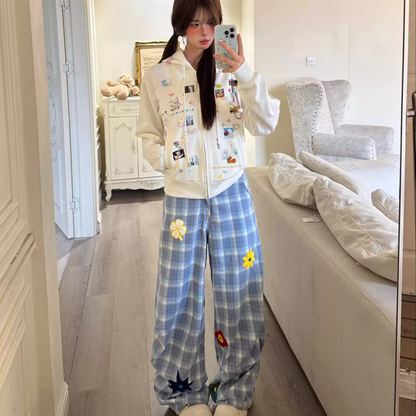 Floral Blue Check Pleated Trousers PA20256