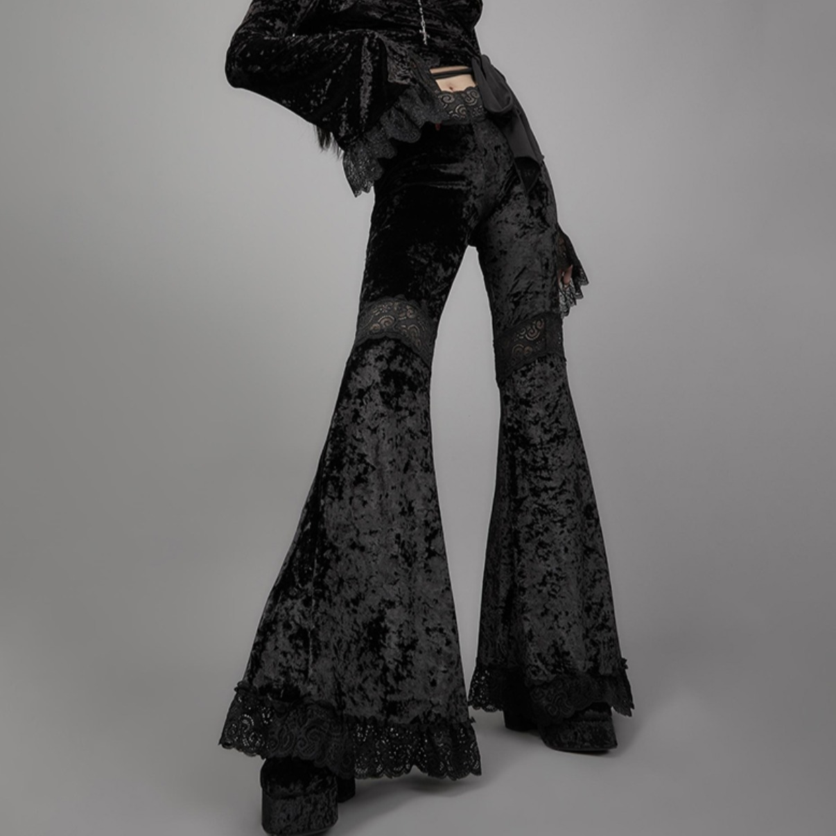 Dark lace high-waist flared pants PA20167
