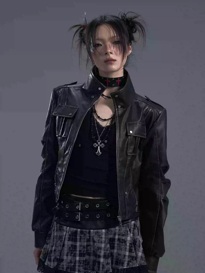 Retro punk motorcycle leather jacket PA20176