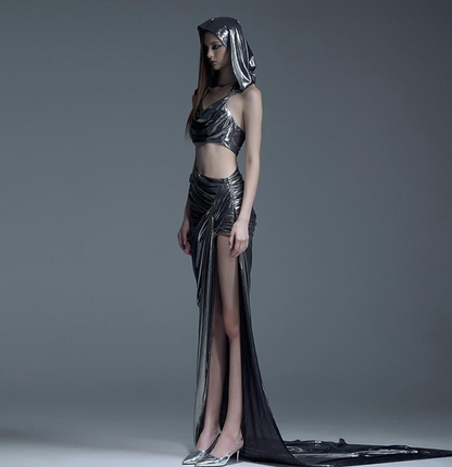 Cyberpunk silver slit pleated skirt PA20153