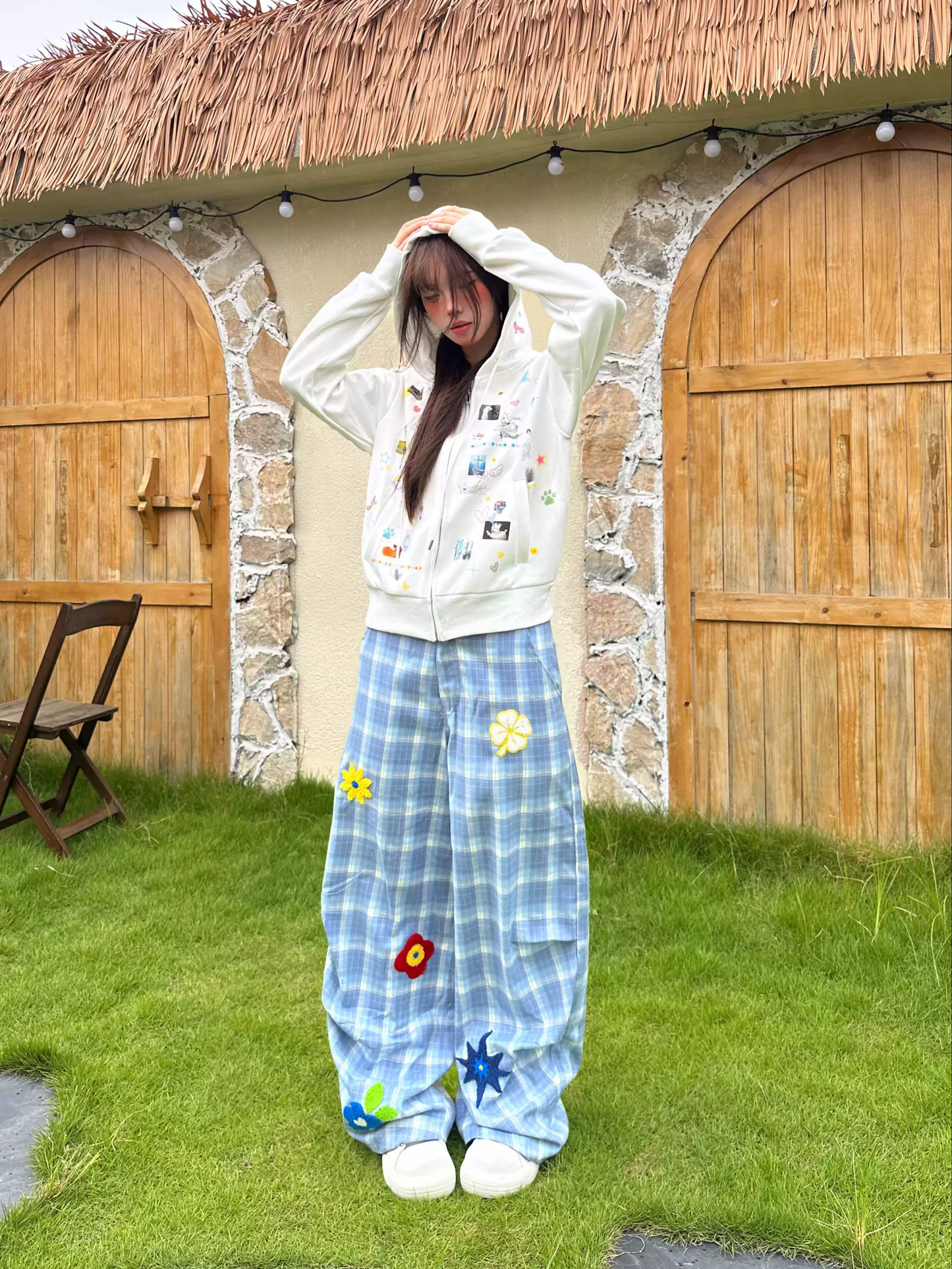 Floral Blue Check Pleated Trousers PA20256