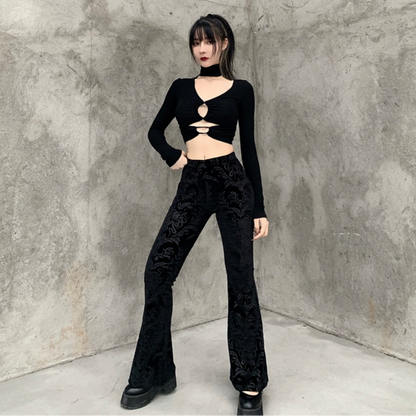 Dark-patterned velvet flared pants PA20168