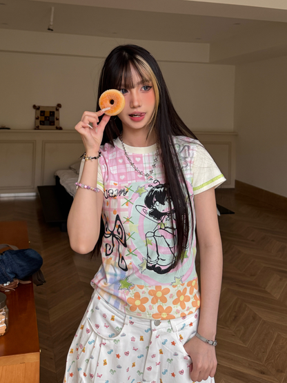 Cartoon print colorblock Y2K T-shirt PA20261