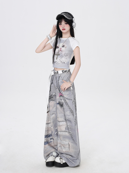 retro print high waist trousers PA20132