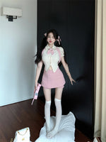 Striped short-sleeved shirt top + high-waist pink suspender skirt PL53424