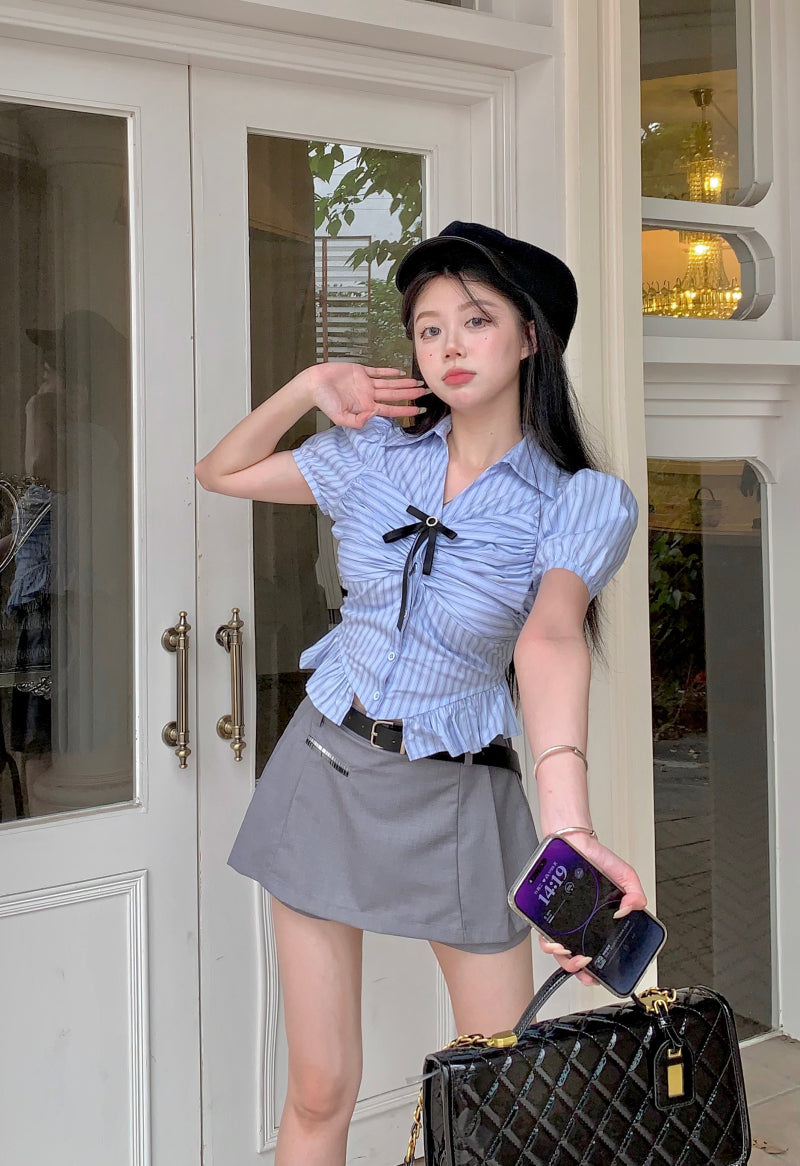 Blue Short Sleeve Striped Shirt+Grey Skirt PL53436