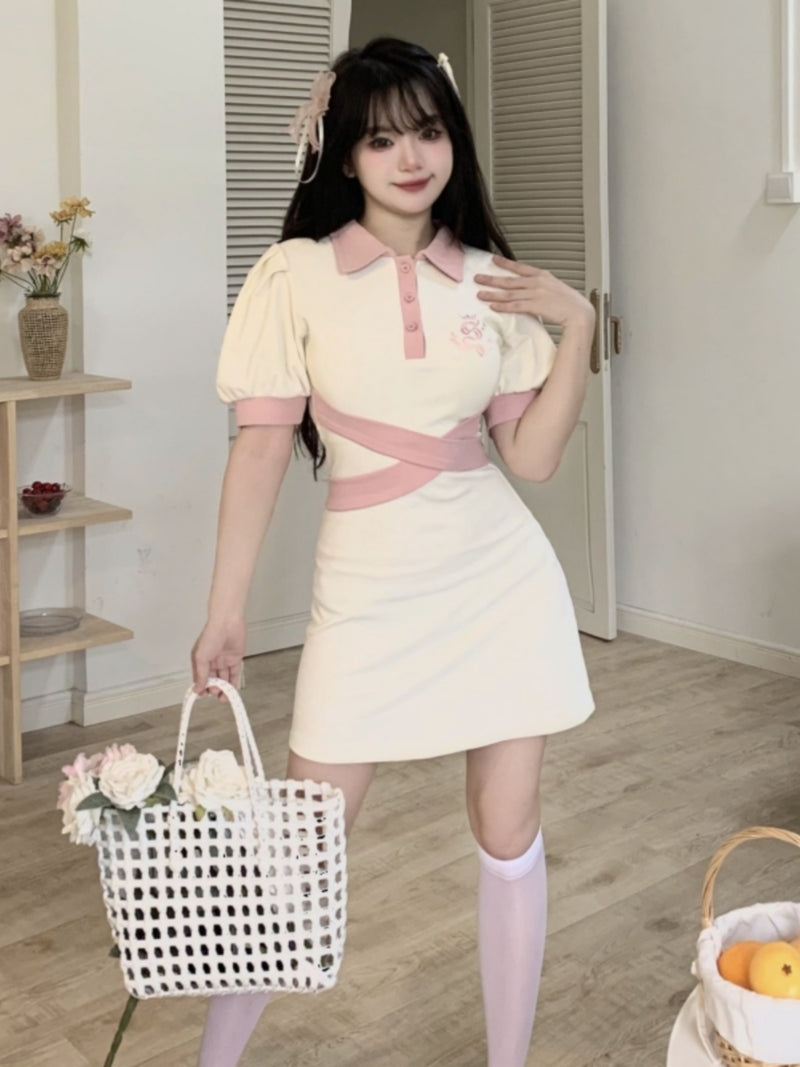 polo collar knit bow waist dress PL53361