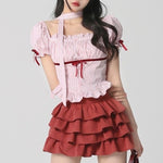 Striped Bow Shirt Red Cake Skirt Two-Piece Set PL53418