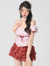 Striped Bow Shirt Red Cake Skirt Two-Piece Set PL53418