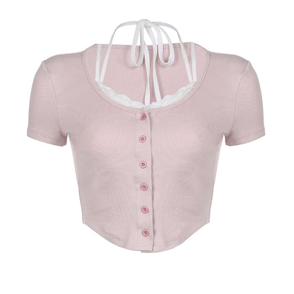 Slim Fit Halter Neck Tie-Breasted Short-Sleeve Top PL53440