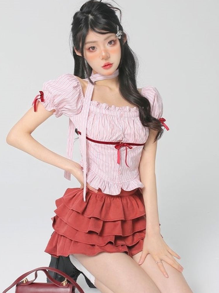 Striped Bow Shirt Red Cake Skirt Two-Piece Set PL53418