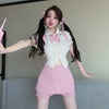 Striped short-sleeved shirt top + high-waist pink suspender skirt PL53424