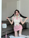 Striped short-sleeved shirt top + high-waist pink suspender skirt PL53424