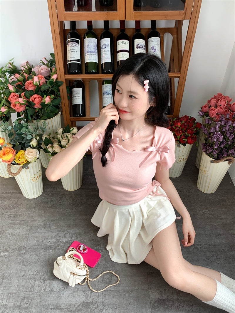 Pink Bow Tie Short Sleeve Top PL53408