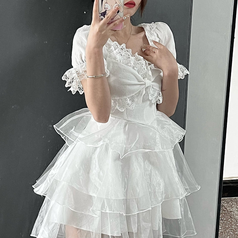 White Lace Organza Dress PL52972