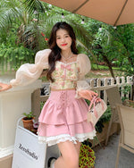 Two-piece set of floral top + bow skirt PL52820