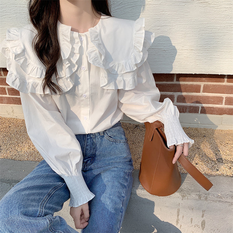 Puff Sleeve Ruffle Collar White Shirt PL53082