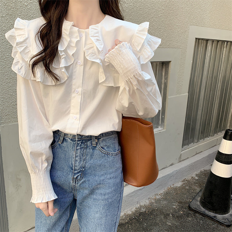 Puff Sleeve Ruffle Collar White Shirt PL53082