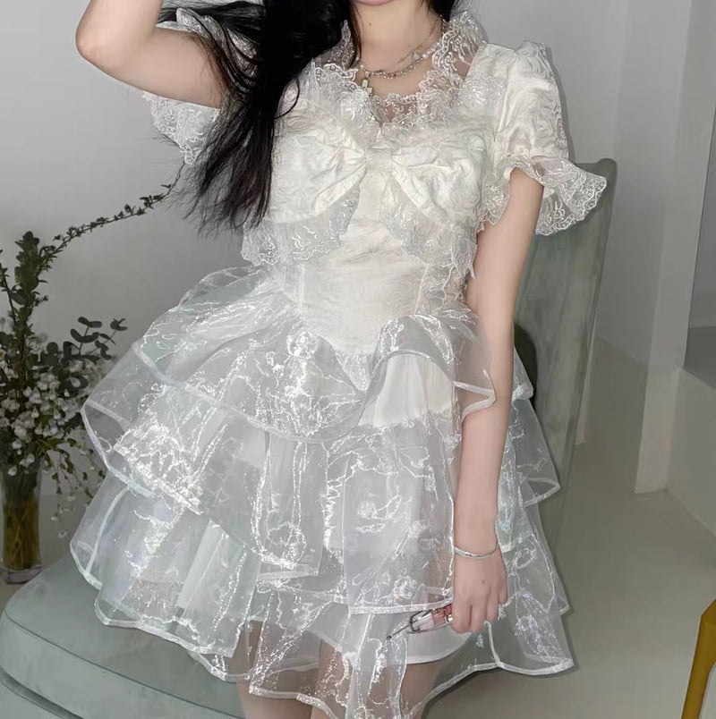 White Lace Organza Dress PL52972