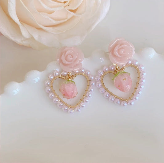 Lovely pink rose pearl love earrings PL51762