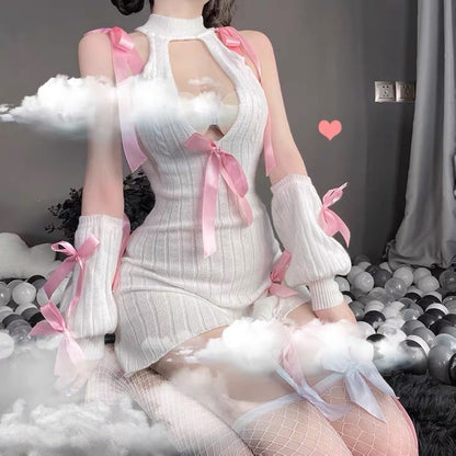 Soft knitted pink bow dress PL52184